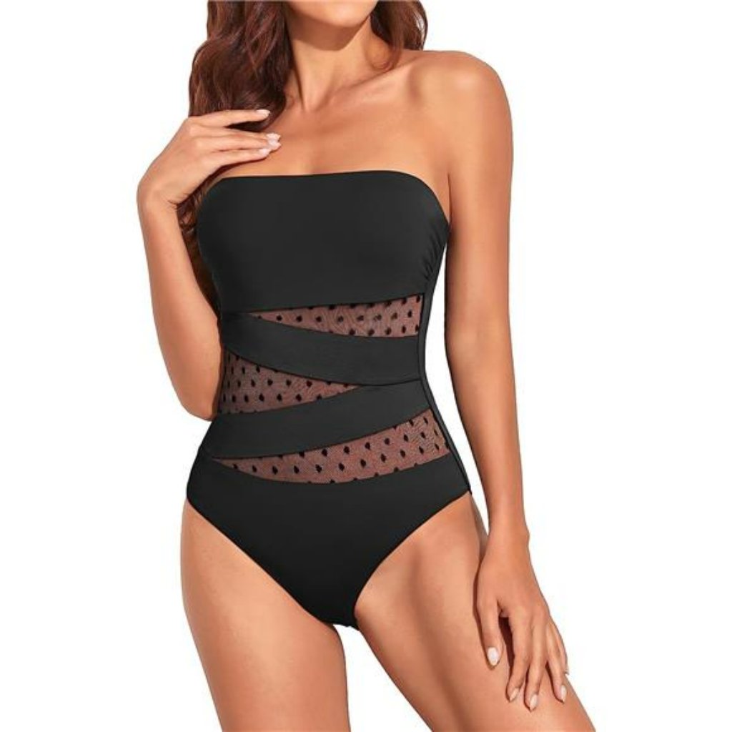 Strapless Bandeau One Piece Swimsuits Sexy Mesh Cutout Bathing Suits For Women